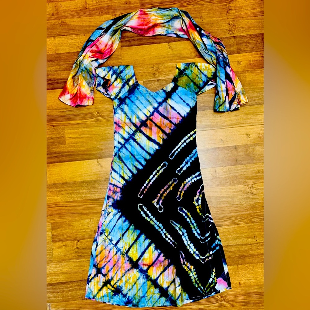 Vintage 60s tie dye dress and scarf set, small